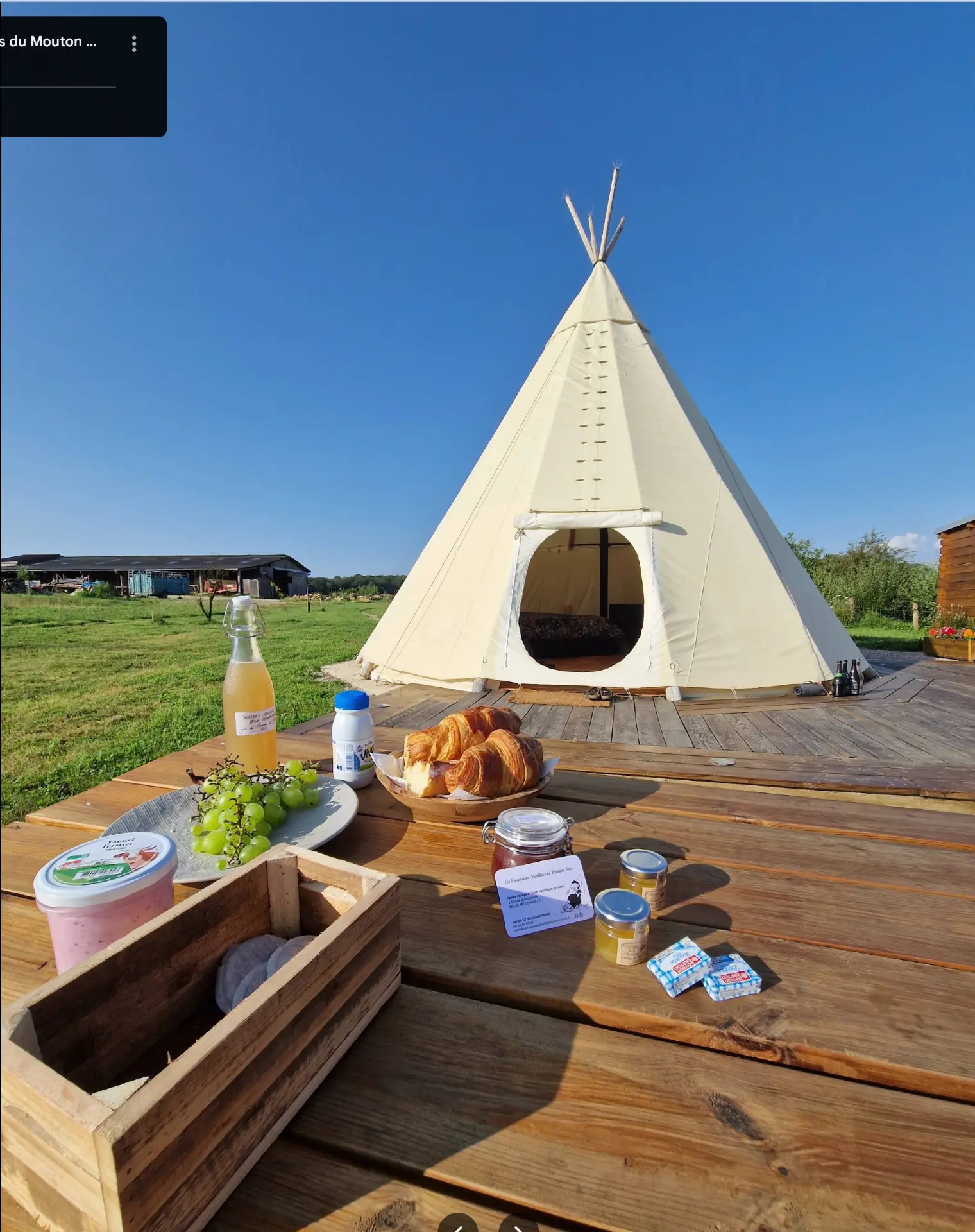 Petit-déjeuner servi sur la table en bois devant le tipi : viennoiseries, jus, yaourts et confitures